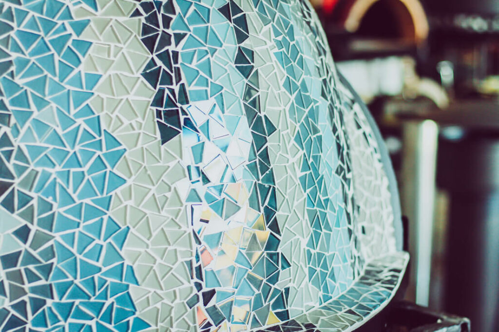 Closeup of mosaic abstract pizza oven